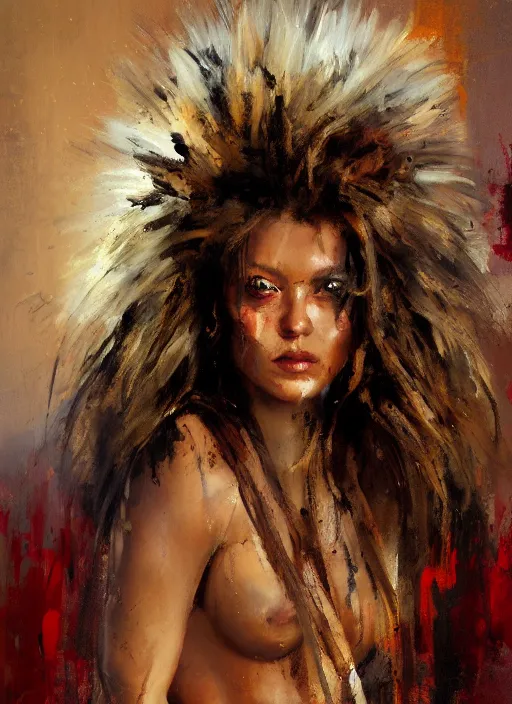 Prompt: painting of a beautiful woman with the face of a lion, loosely robed in animal skins, with a strong pose, by Jeremy Mann, stylized, detailed, loose brush strokes, warm tones, vivid colors, realistic