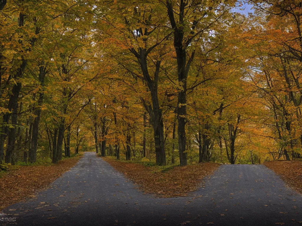 Image similar to Going to the end of the road, there are maple trees on both sides of the road, and maple leaves are floating in the air, Vanishing Point, hdr, ue5, unreal engine 5, cinematic 4k wallpaper, ultra detailed, high resolution, artstation, award winning.