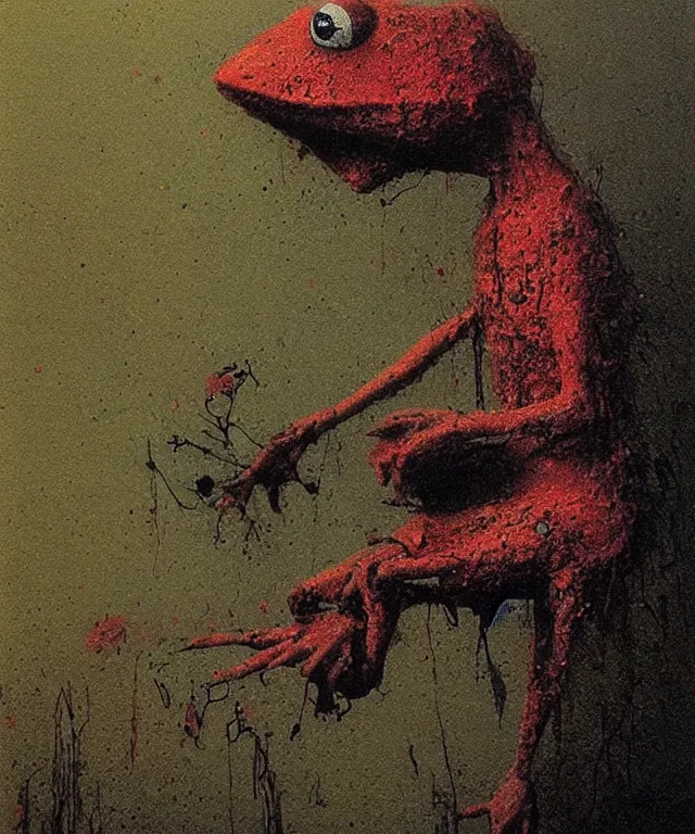 Image similar to bloody Kermit the frog megalophobia by Beksinski, macro