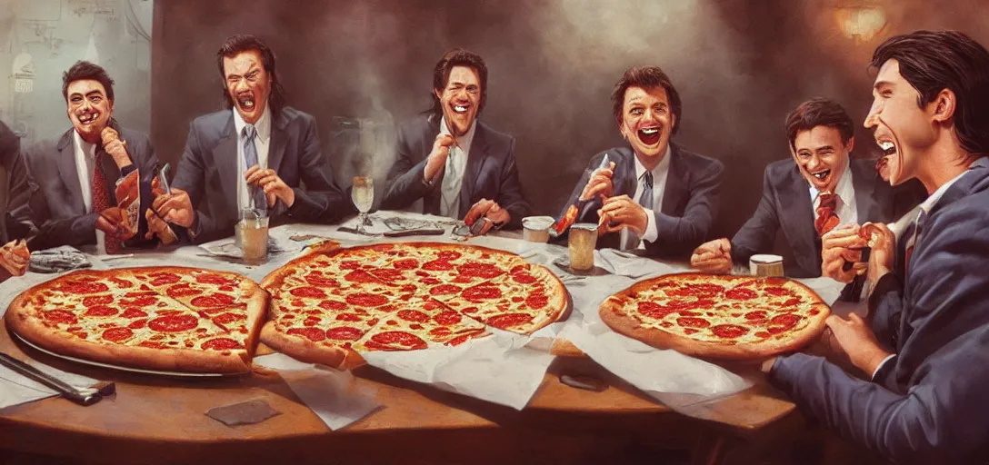 Prompt: business men eating a pizza, 80s style, smiling maniacally, 8k, james gurney, greg rutkowski, john howe, artstation