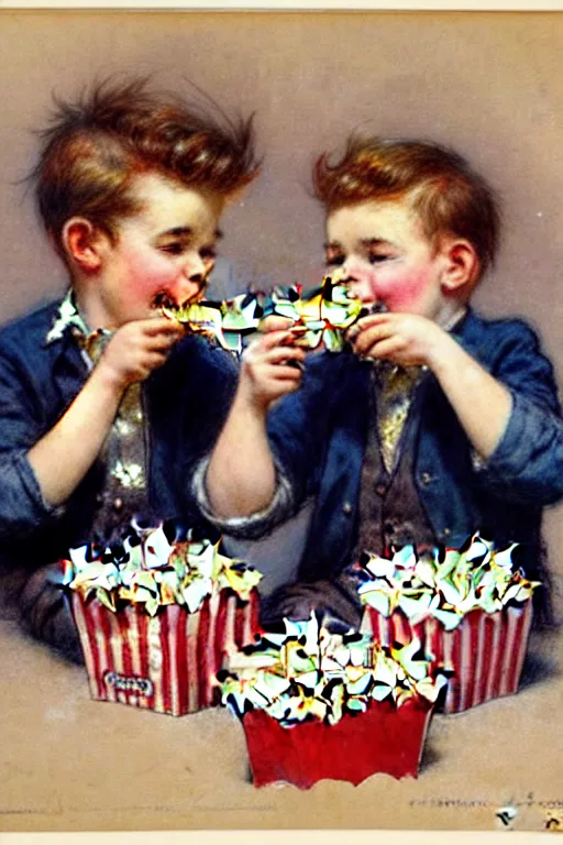 Image similar to (((((1950s kids eating popcorn . muted colors.))))) by Jean-Baptiste Monge !!!!!!!!!!!!!!!!!!!!!!!!!!!