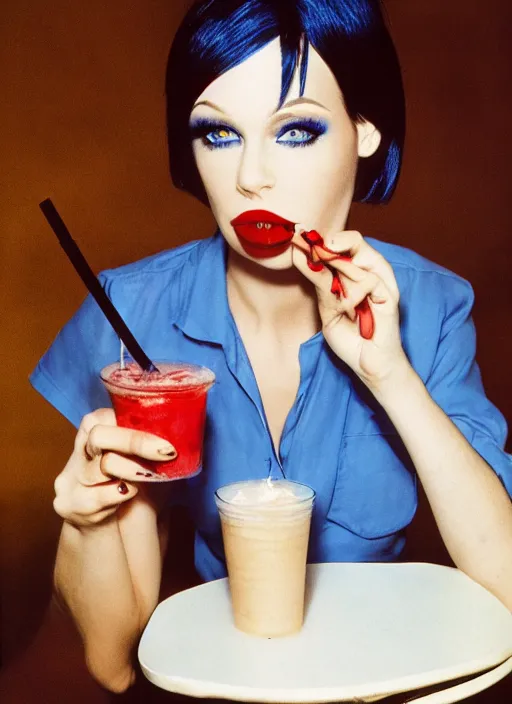 Prompt: a photograph of a woman with large blue eyes, thin nose, red lipstick and black bob with fringe, wearing a white shirt, seated at a table, drinking a milkshake with a straw by Herb Ritts