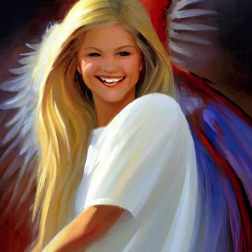 Prompt: a painting of an angel, a young woman with long blond hair and a halo smiling in heaven, steve henderson