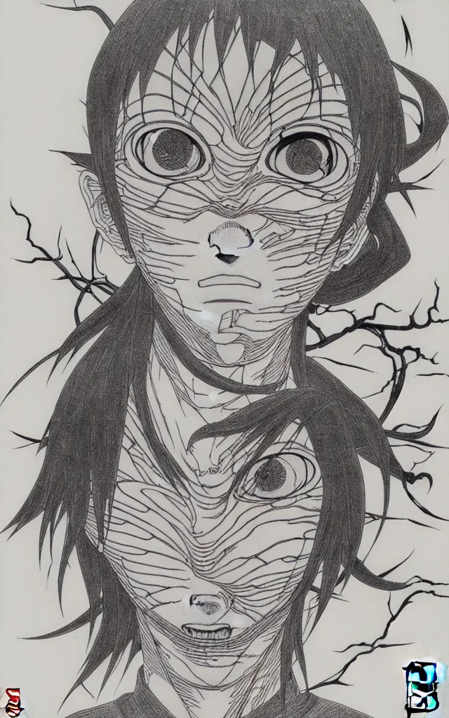 Image similar to prompt: Fragile looking face drawn by Takato Yamamoto, ceramic looking face, cyber parts, inspired by Naruto and Bandai Namco, clean ink detailed line drawing, intricate detail drawing, manga 1990