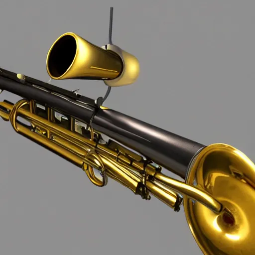 Prompt: trumpet gun, a trumpet with a trigger, magazine, and stock, high quality, unreal engine 5 render, high quality render, octane render, photo realistic, ultra detail, cinematic lighting, realistic