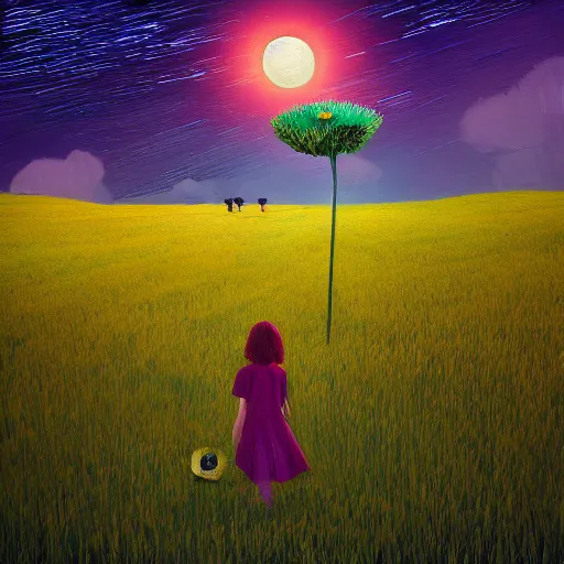 Image similar to giant daisy flower as a head, girl walking in wheat field, hills, surreal photography, moon light, dark night, star trails, dramatic light, impressionist painting, clouds, digital painting, artstation, simon stalenhag