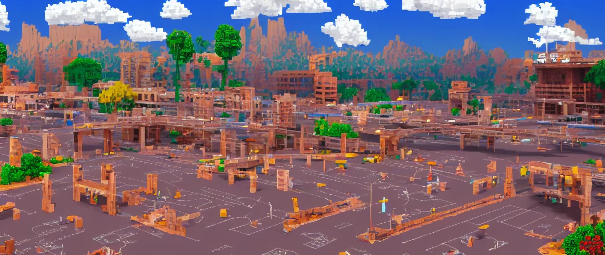 Image similar to Pixel Art arcade game scenario with bridge, stadium, mountains and clouds, all made of cardboard, CGI, Render, photorealistic, Unreal engine 5