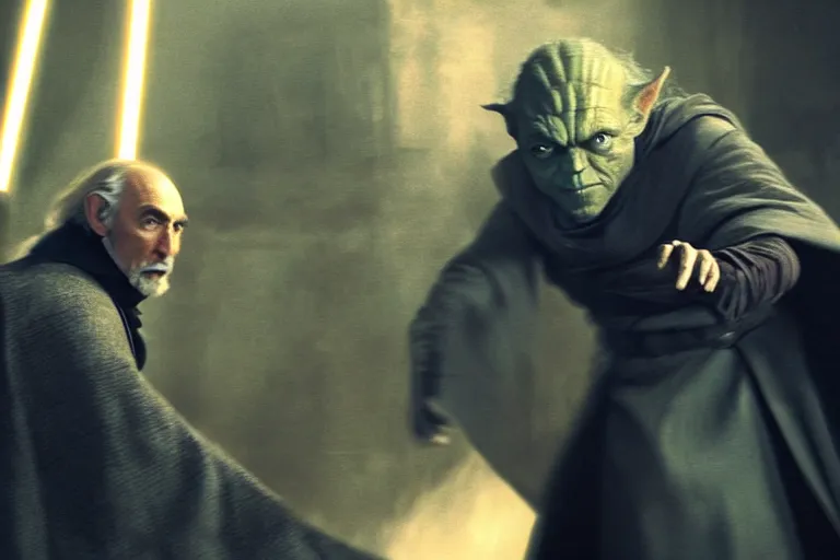 Image similar to Still of Henry Cavill as old Count Dooku, fighting yoda, cinematic light, 4K