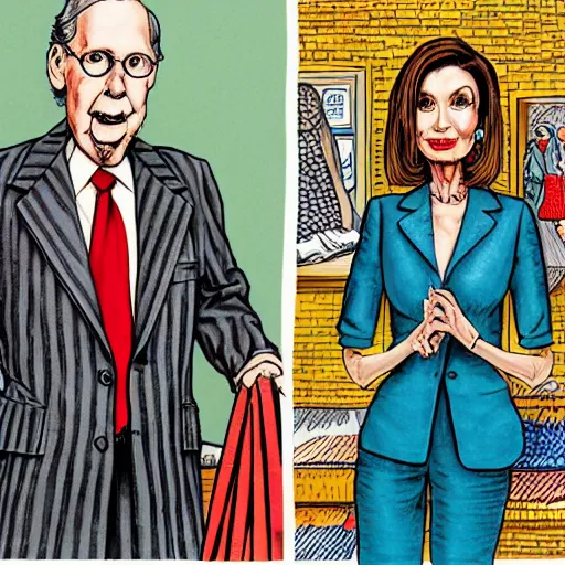 Image similar to The Artwork of R. Crumb and his Cheap Suit Mitch McConnell and Nancy Pelosi go shopping, pencil and colored marker artwork, trailer-trash lifestyle