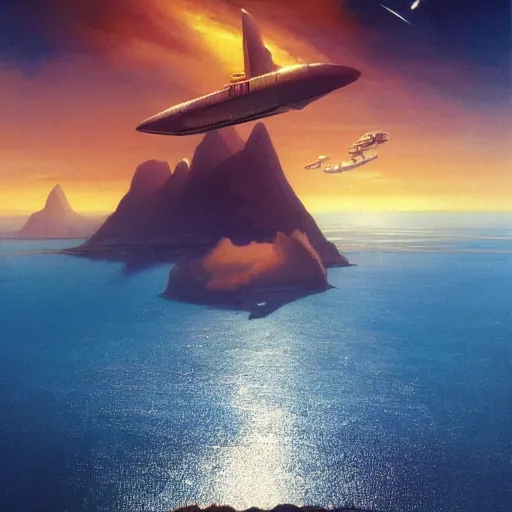 Image similar to beautiful matte painting of golden shores of a blue dreamy ocean, heavenly island in the clouds floating above the ocean, spaceship flying by, towering mountains emerging from the ocean, entrance to a city, sci - fi, daylight, blue sky, cinematic lighting, cinematic perspective, syd mead, john harris, federico pelat