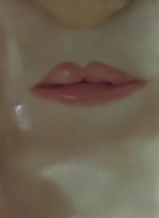 Prompt: photorealistic closeup of mouth and eyes, pale woman by saul leiter, very blurry, translucent white skin, foggy