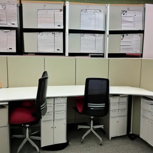 Image similar to cubicle full of stacks of papers