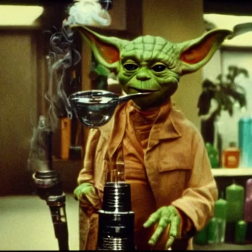 Image similar to 3 5 mm film slide of steven spielberg directed scene of a yoda smoking a bong inside a yoda themed bong and weed shop.