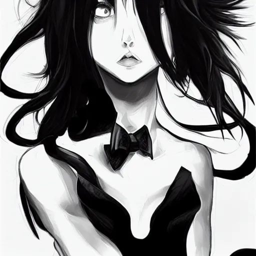 Image similar to slim beautiful killer girl in tuxedo with black wavy bob hair, elegant, 2d, ultra highly detailed, digital painting, smooth, sharp focus, artstation, black and white art by Tsutomu Nihei