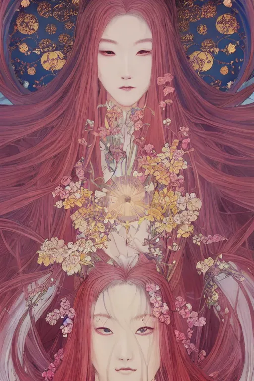 Prompt: breathtaking detailed soft painting of a samurai queen with long flowing red hair, anime style, pastel flower petals flying, at dawn in front of a pristine art nouveau cathedral, elegant, volumetric lighting, highly detailed, artstation, concept art, matte, sharp focus, art by pilyeon, matcha art and Alfons Mucha