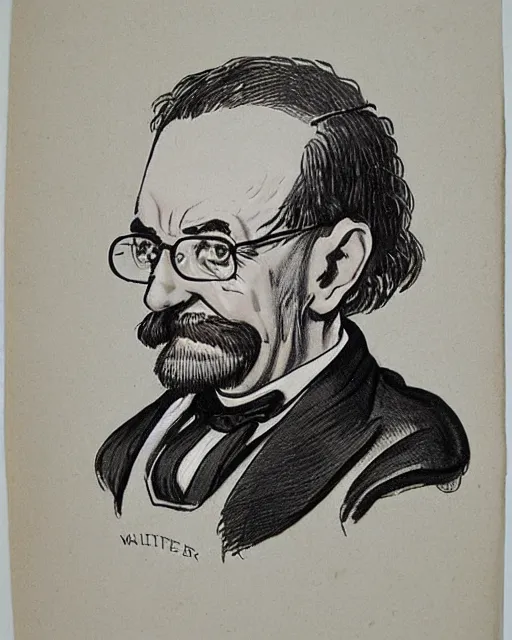 Prompt: Victorian caricature drawing of professor of chemistry Walter White, art by Sir Leslie Matthew Ward