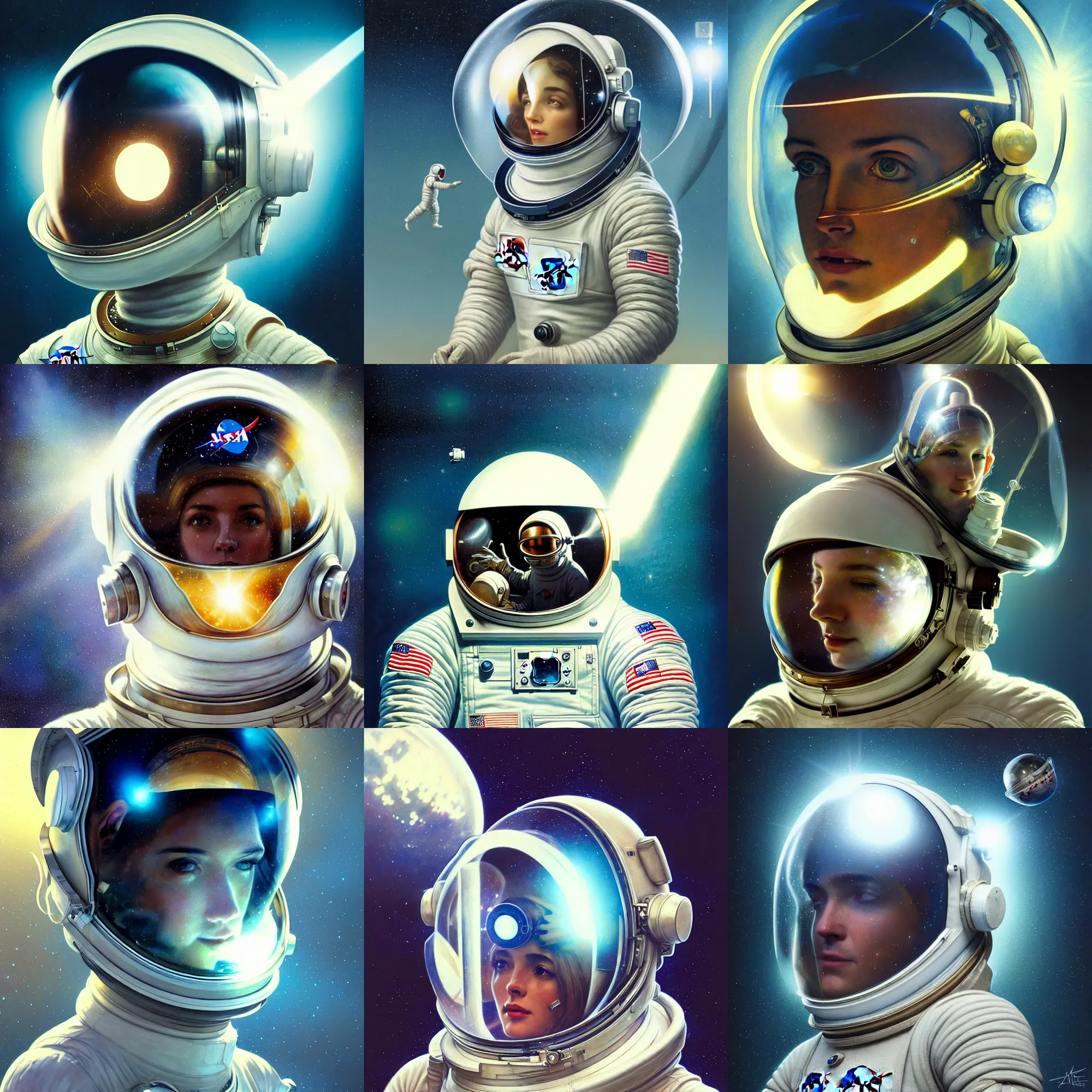 Prompt: ultra realistic retro futuristic nasa astronaut, smashed glass helmet, lens flare, diffuse lighting, fantasy, intricate, elegant, highly detailed, lifelike, photorealistic, digital painting, artstation, illustration, concept art, smooth, sharp focus, art by John Collier and Albert Aublet and Krenz Cushart and Artem Demura and Alphonse Mucha