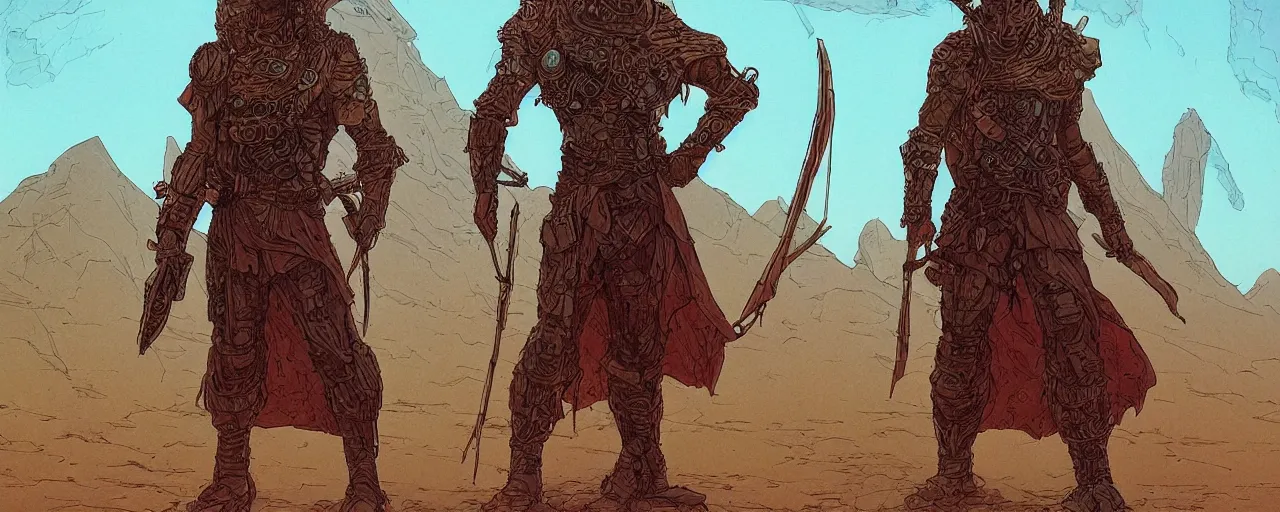 Prompt: lone wandering male figure in heavy robes and desert survival gear, artstyle of Moebius, style of Philippe Druillet, style of Rodan, brutalist style overall aesthetic, warm colors, trending on Artstation