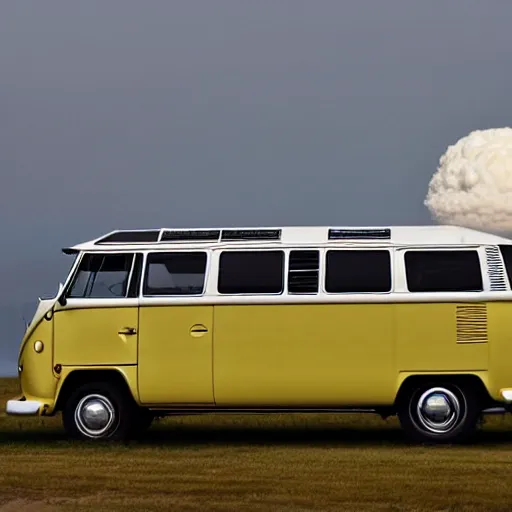 Image similar to the last vw bus on earth, nuclear explosion in the distance