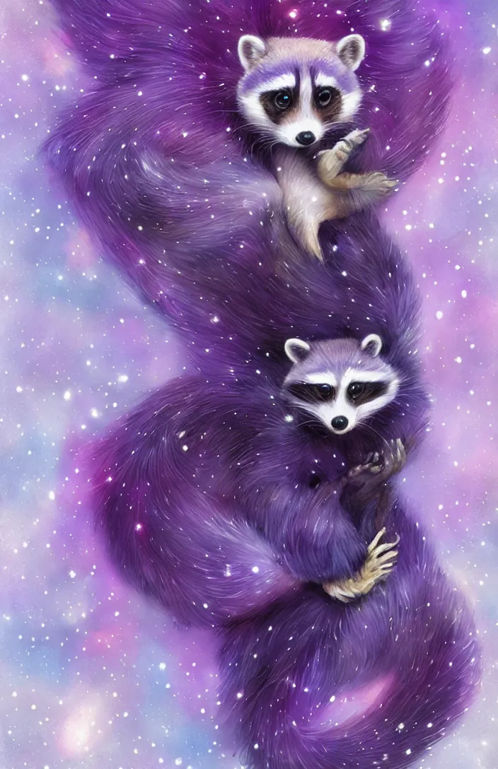 Prompt: purple raccoon in the stars in the style of Anna Dittman