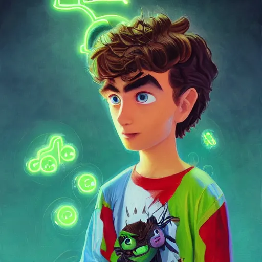 Image similar to a young man with short wavy brown hair and glowing green eyes as a super hero, pixar cute, highly detailed, sharp focus, neon color, digital painting, artwork by Jeremiah Ketner + Mati Klarwein + Fintan Magee + Chris Mars, background artwork by greg rutkowski