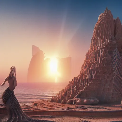 Image similar to establishing shot of atlantis, buildings made of shells with arabic patterns, modern mermaid standing on top of the hill against the morning sun, cinematic composition, concept art, artstation