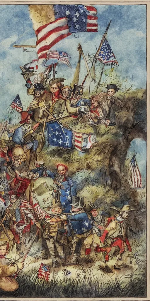 Prompt: a 1 7 7 6 4 th of july day scene with american and british soldiers by alexander jansson, joel fletcher, owen klatte, angie glocka, justin kohn, maurice sendak. 4 th of july day color palette.