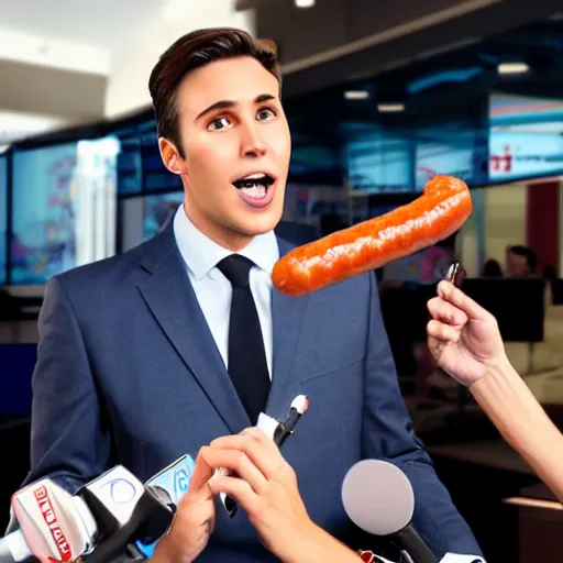 Prompt: a handsome news reporter with a symmetric face holding a frankfurter sausage, a frankfurter sausage as microphone, breaking news