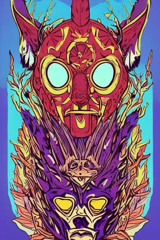 Image similar to animal mask totem roots flower tribal feather gemstone plant wood rock shaman vodoo video game vector cutout illustration vivid multicolor borderlands comics by josan gonzales and dan mumford radiating a glowing aura