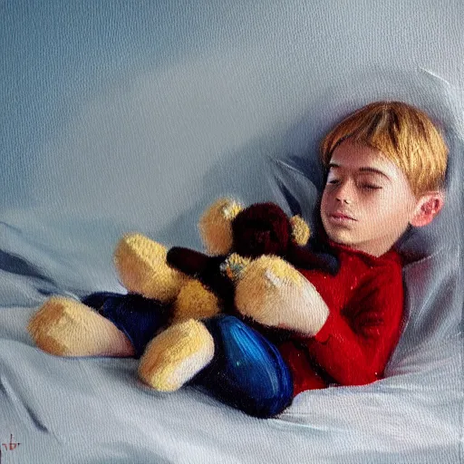 Prompt: oil painting of a boy lying on his bed holding a teddy bear at night, artstation, Detail, HD