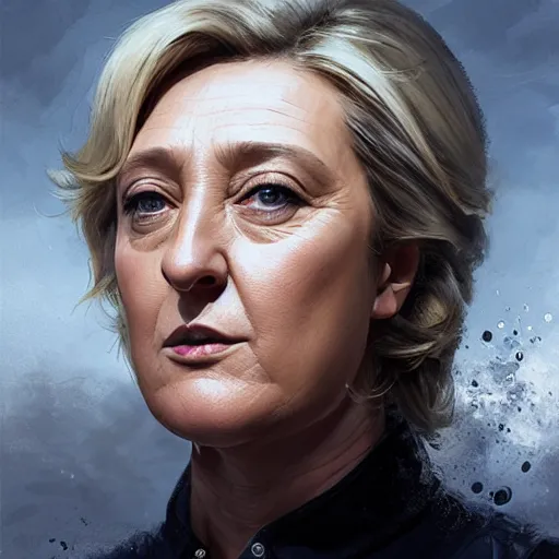 Image similar to Portrait of Marine le Pen , french revolution, amazing splashscreen artwork, splash art, head slightly tilted, natural light, elegant, intricate, fantasy, atmospheric lighting, cinematic, matte painting, detailed face, by Greg rutkowski