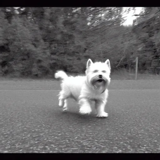 Prompt: trailcam footage of a west Highland terrier, being chased by batman