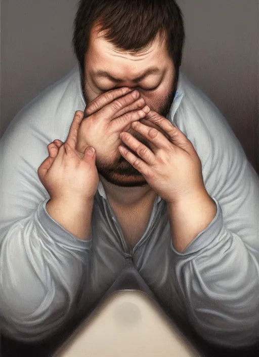 Prompt: insanely detailed chiaroscuro image of a sleepy - looking chubby casually - dressed tired programmer guy on his knees facing his glowing ultrawide monitor monitor begging it for forgiveness, oil on canvas, masterwork, fine detail, trending on artstation, emotive, insanely compelling, ryden, koons, moebius