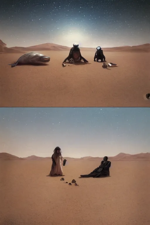 Prompt: 🐼 as 🐋 as 🤖 as 👽 as 🐳, desert photography, by krenz cushart, by greg rutkowski, by edgar maxence