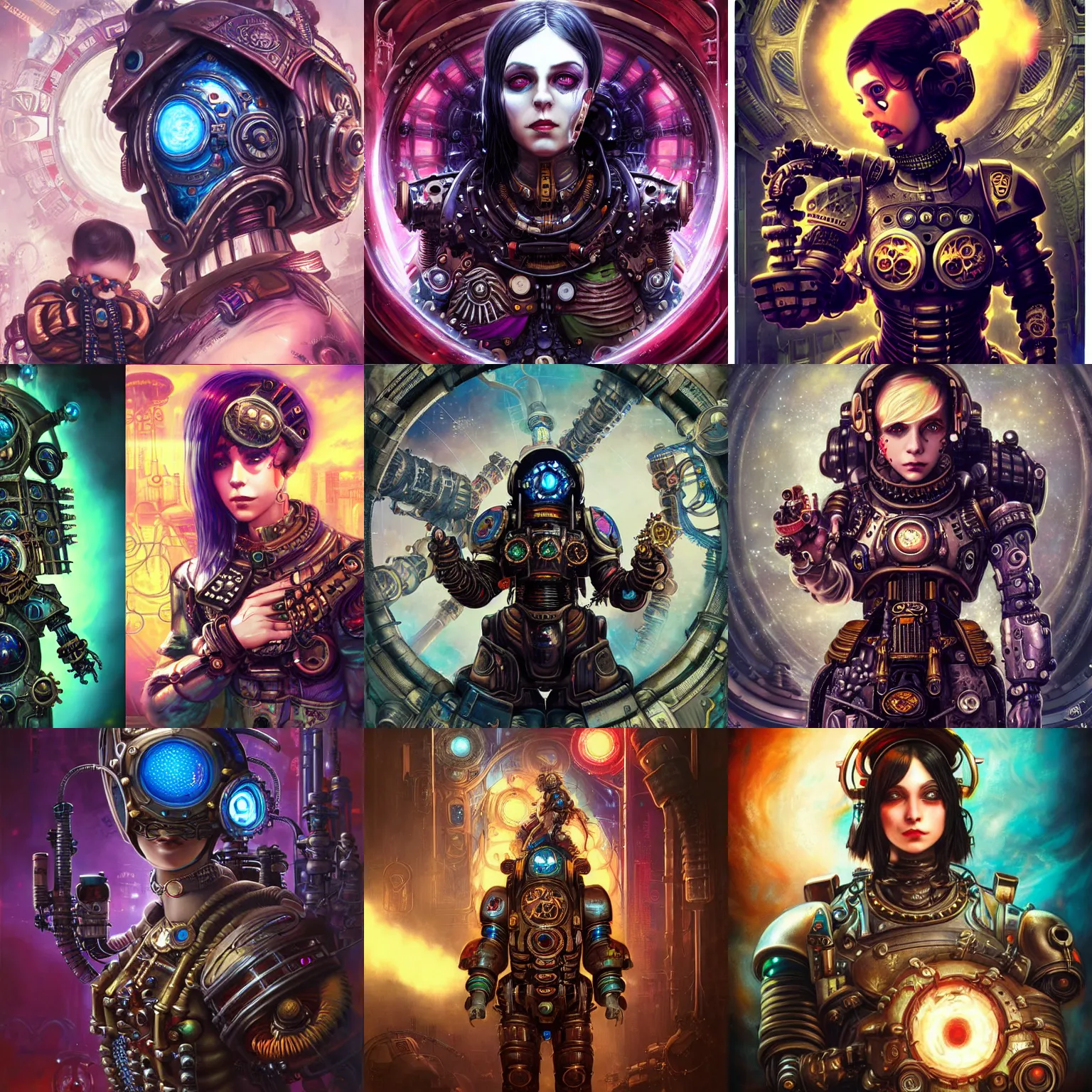 Prompt: fractal cosmic steampunk biopunk cyberpunk bioshock goth lofi anime cosplay divine space marine doom elden ring portrait, pixar style, by tristan eaton stanley artgerm and tom bagshaw.