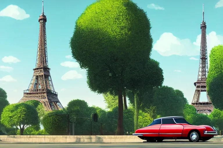 Prompt: a wholesome beautiful animation key shot of!! one!! focused!! 1 9 7 4 citroen ds!! in a tree lined paris street, slight view of eiffel tower, medium shot, studio ghibli, ( pixar ) and disney animation, sharp, very detailed, high resolution, rendered in unreal engine 5, anime key art by greg rutkowski, bloom, dramatic lighting