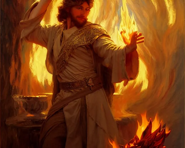 Image similar to attractive male wizard casting powerful fire spell. highly detailed painting by gaston bussiere, craig mullins, j. c. leyendecker 8 k