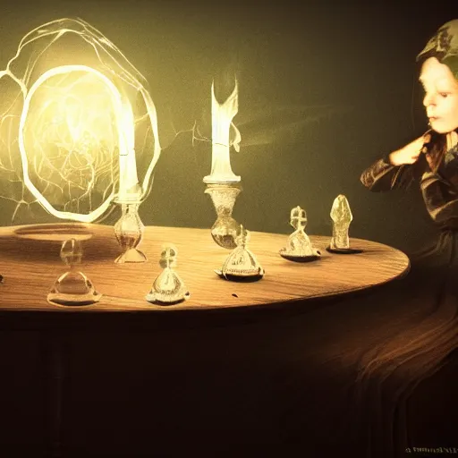 Prompt: a Victorian seance around a wooden table with crystal ball and ectoplasm and spirit manifestations, concept art, very detailed, 8K, horror, spooky, gothic, trending on artstation