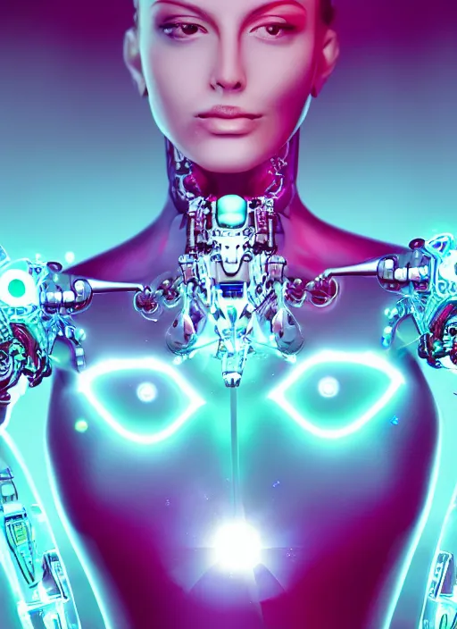 Prompt: cybernetic woman robot android diamonds ruby jade glowing ethereal bubbles gradient jewels