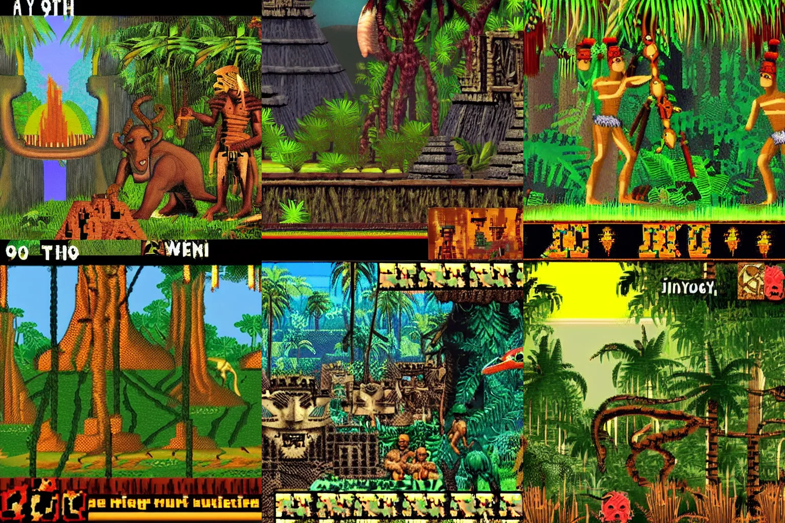 Prompt: Aztec myths of the jungle, screenshot from a 1998 video game