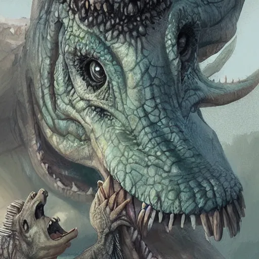 Prompt: !dream a dinosaur and crocodile baby,detailed, meam face,crazt,by rossdraws and greg rutkowski,wearing cave man clothes, concept art,