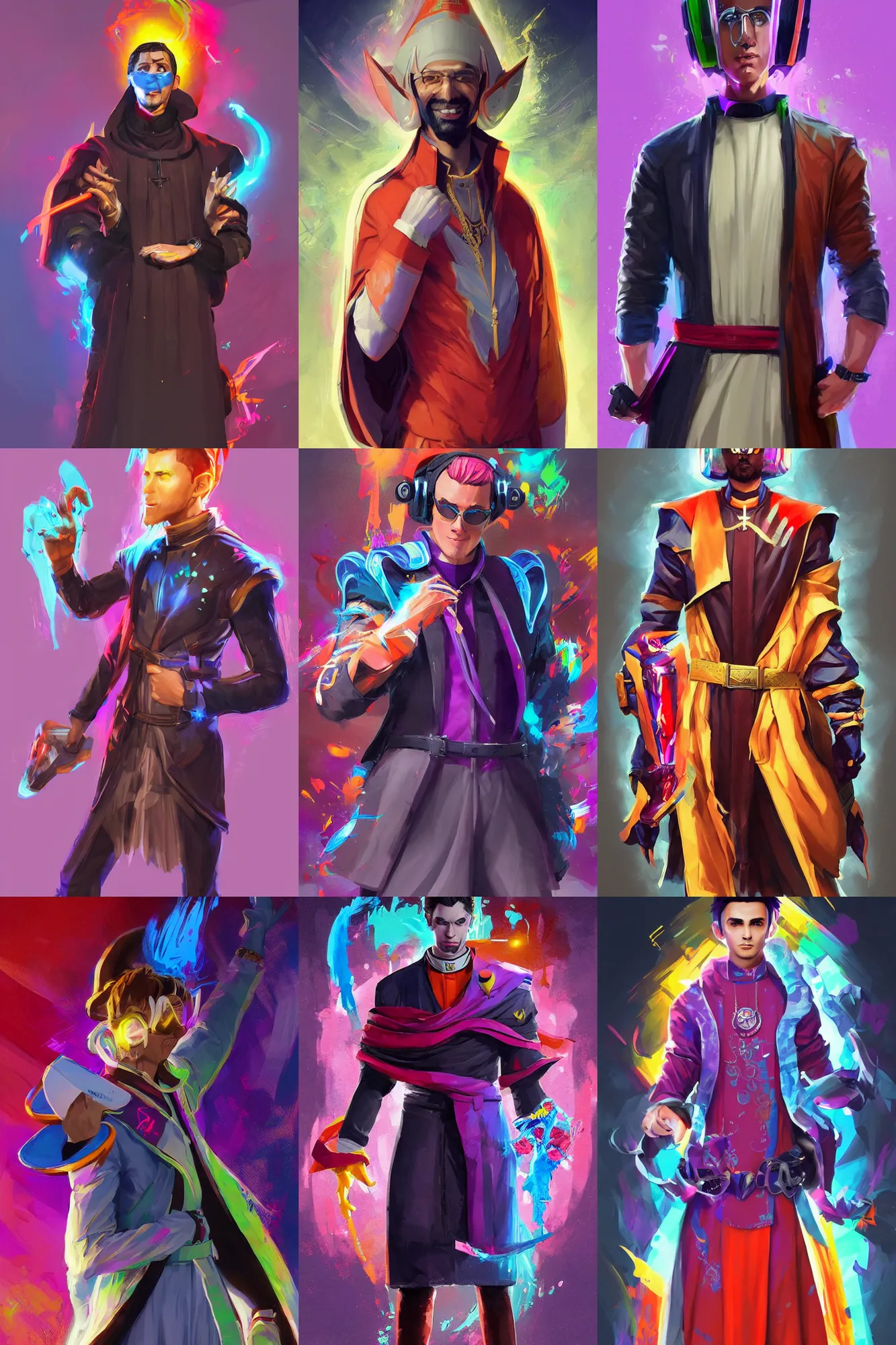 Prompt: a full body digital painting concept art portrait of a cool young priest dressed in stylish garish clothing with face and body clearly visible by artgerm and greg rutkowski, fornite, valorant, high quality, happy mood, artstation trending, vibrant colours, no crop, no helmet, no headgear, entire character, blank background, face visible, realistic proportions