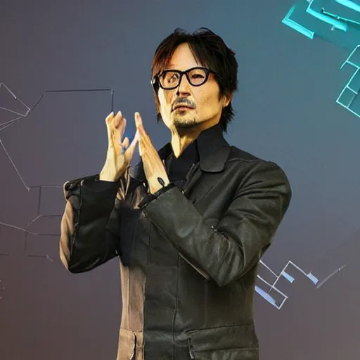 Image similar to hideo kojima, ps 2 graphics, video game presentation, low poly miniature model city, vintage vr tech, he is enthusiastic, the low poly crowd is bored, dystopia, pale colours with highlights of saturation