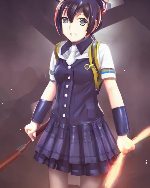 Image similar to full body portrait of anime schoolgirl in mechanic armor in night tokyo by makoto sinkai, perfect face, fine details