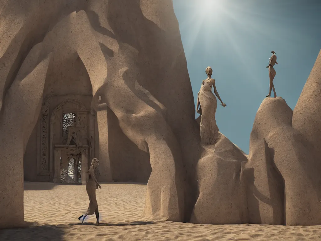 Image similar to 200 m tall statue of woman in the sand above the huge entrance to the crypt. Dark shadows. Sun rays, god rays, lens flares. Cinematic, ArtStation, realistic photograph, ambient, dark shades, Unreal Engine 5, rendered by Octane.