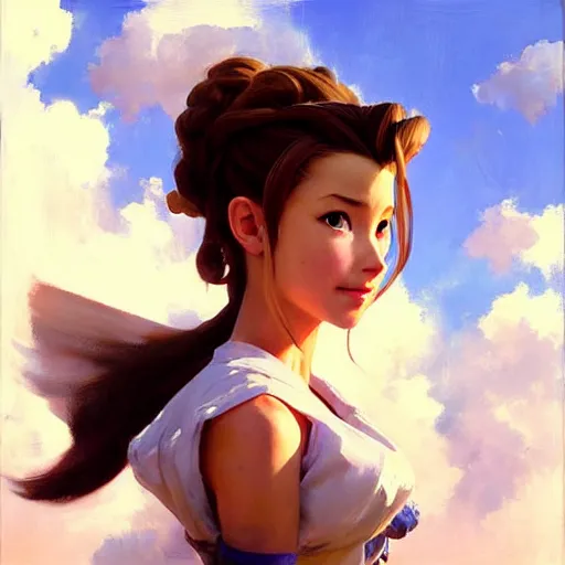 Image similar to Greg Manchess portrait painting of Aerith Gainsborough from FFVII as Overwatch character, medium shot, asymmetrical, profile picture, Organic Painting, sunny day, Matte Painting, bold shapes, hard edges, street art, trending on artstation, by Huang Guangjian and Gil Elvgren and Sachin Teng