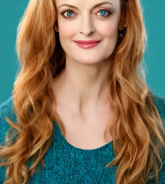 Image similar to beautiful portrait photo of Heather Graham, slight smile, 85mm, teal studio backdrop