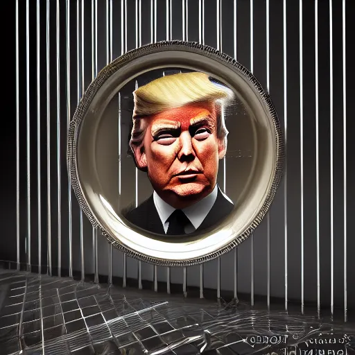 Image similar to trump behind bars in striped prison clothes commemorative plate, 3 d high definition, trending on artstation, intricate detail, finely detailed, small details, extra detail, photorealistic, high resolution, vray, 8 k, octane, hdr, hyper detailed, insane details, intricate, elite, ornate, elegant, luxury