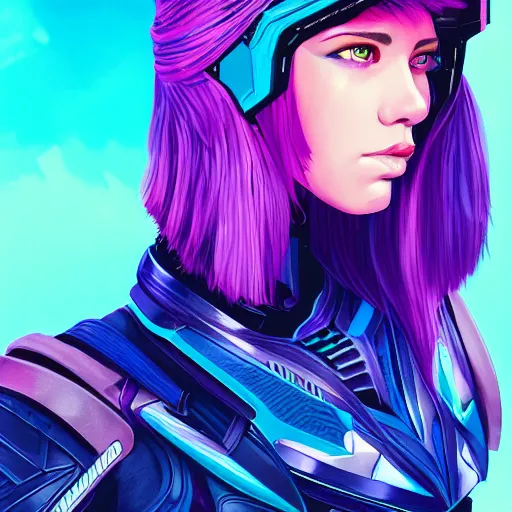 Image similar to a stunning upper body portrait of a beautiful young woman wearing futuristic navy blue and teal battle bodyarmor and pauldrons and ombre purple and pink hairstyle with hair blowing in the wind, by marvel comics, neon, highly detailed, fine detail, intricate, digital art, trending on artstation