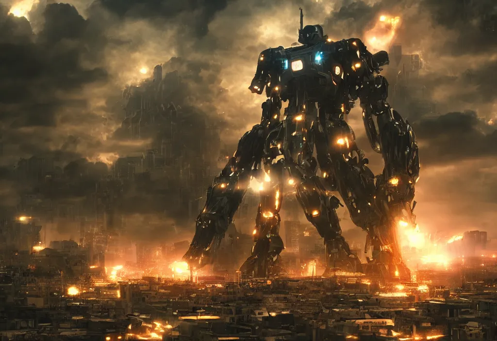 Image similar to mecha peron destroying a city, photorealistic, film, cinematic lighting, octane tender, volumetric light, dark - art